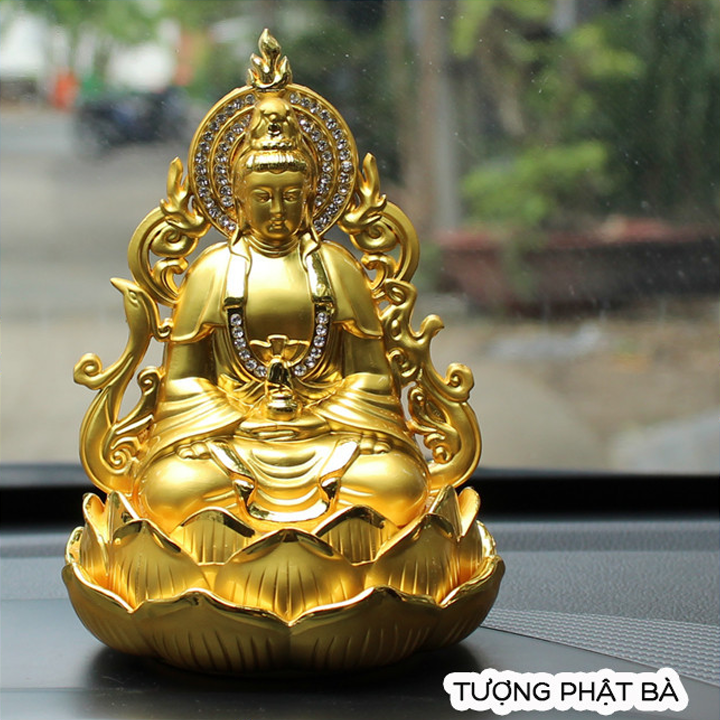 Tượng Phật Bà Quan Thế Âm Bồ Tát hai mặt tọa đài sen vàng đính đá cao cấp trang trí Taplo Ô Tô Xe Hơi