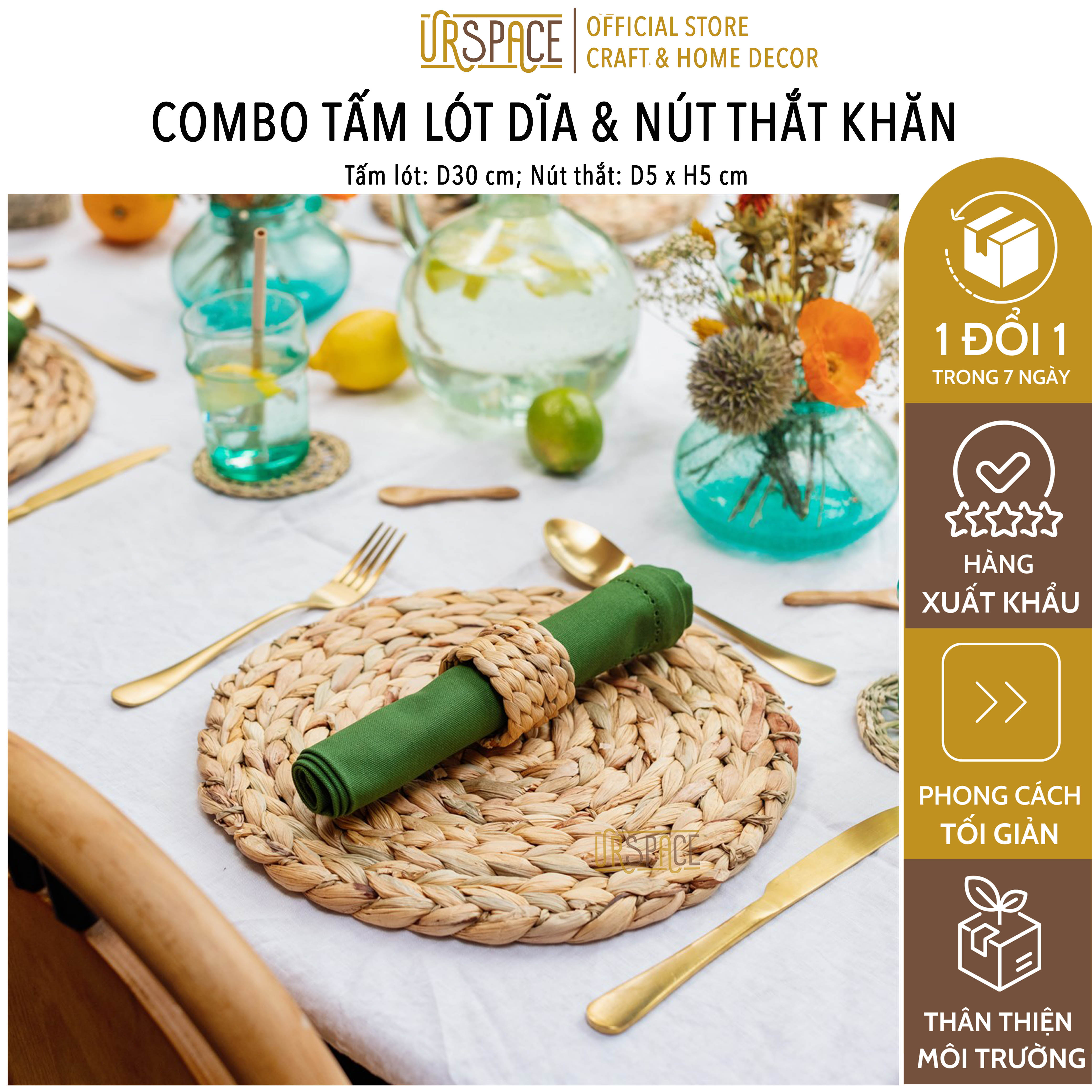 Phụ kiện trang trí bàn ăn tấm lót dĩa và nút thắt khăn ăn URSPACE bằng lục bình / ROUND HYACINTH PLACE MAT & KIN RINGS