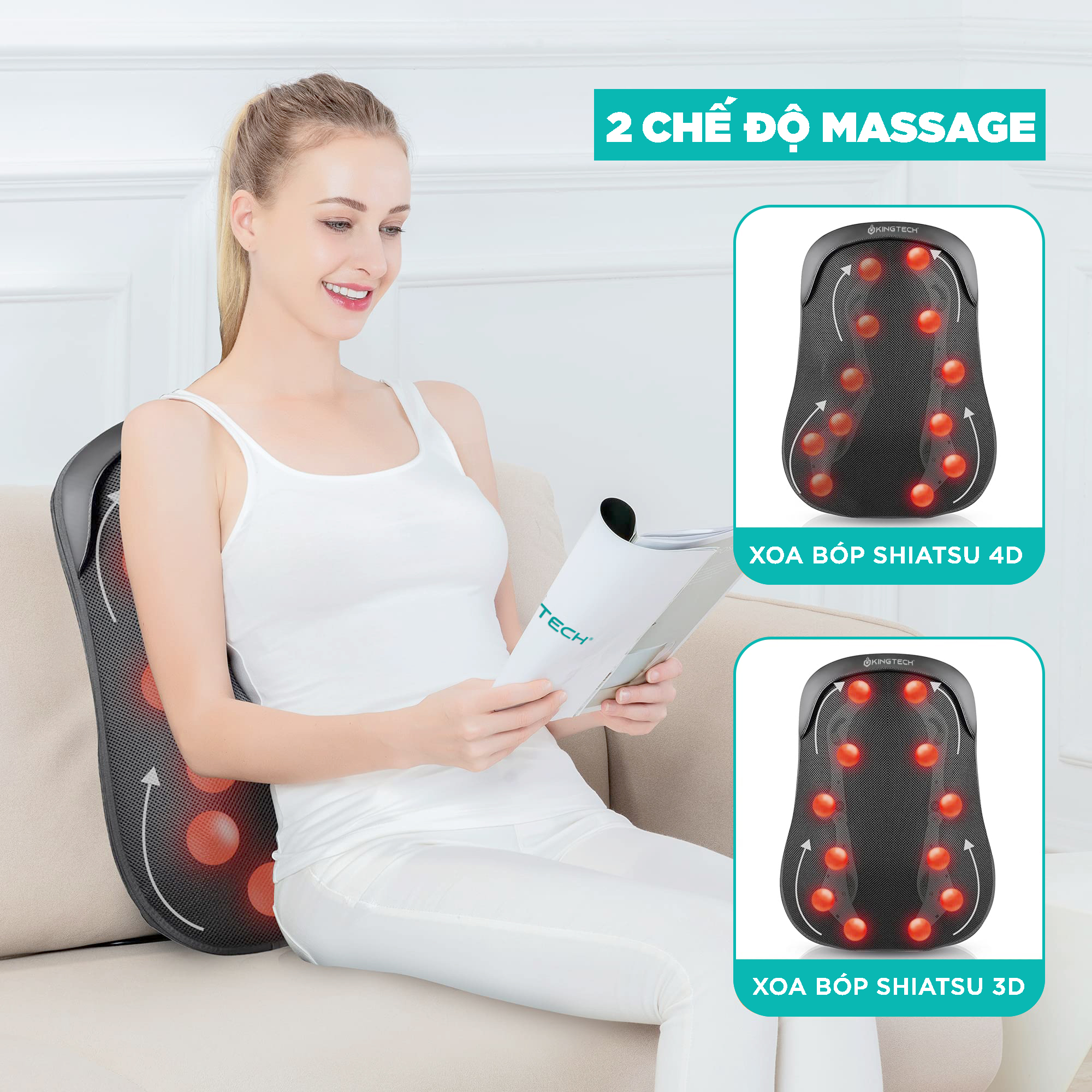 Đệm Ghế Massage Lưng Cao Cấp KingTech KC-300 - Máy Mát Xa Chế Độ 3D, 12 Bóng Chuyên Sâu, - Kết Hợp Tính Năng Nhiệt Hồng Ngoại - Hàng Chính Hãng