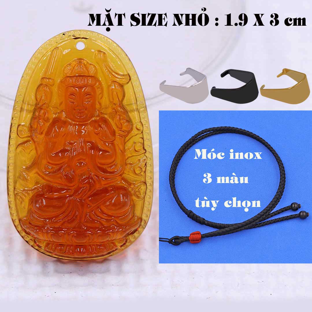 Mặt Phật Quan âm nghìn tay nghìn mắt pha lê cam 1.9cm x 3cm  kèm vòng cổ dây dù đen + móc inox vàng, Mặt Phật Quan âm
