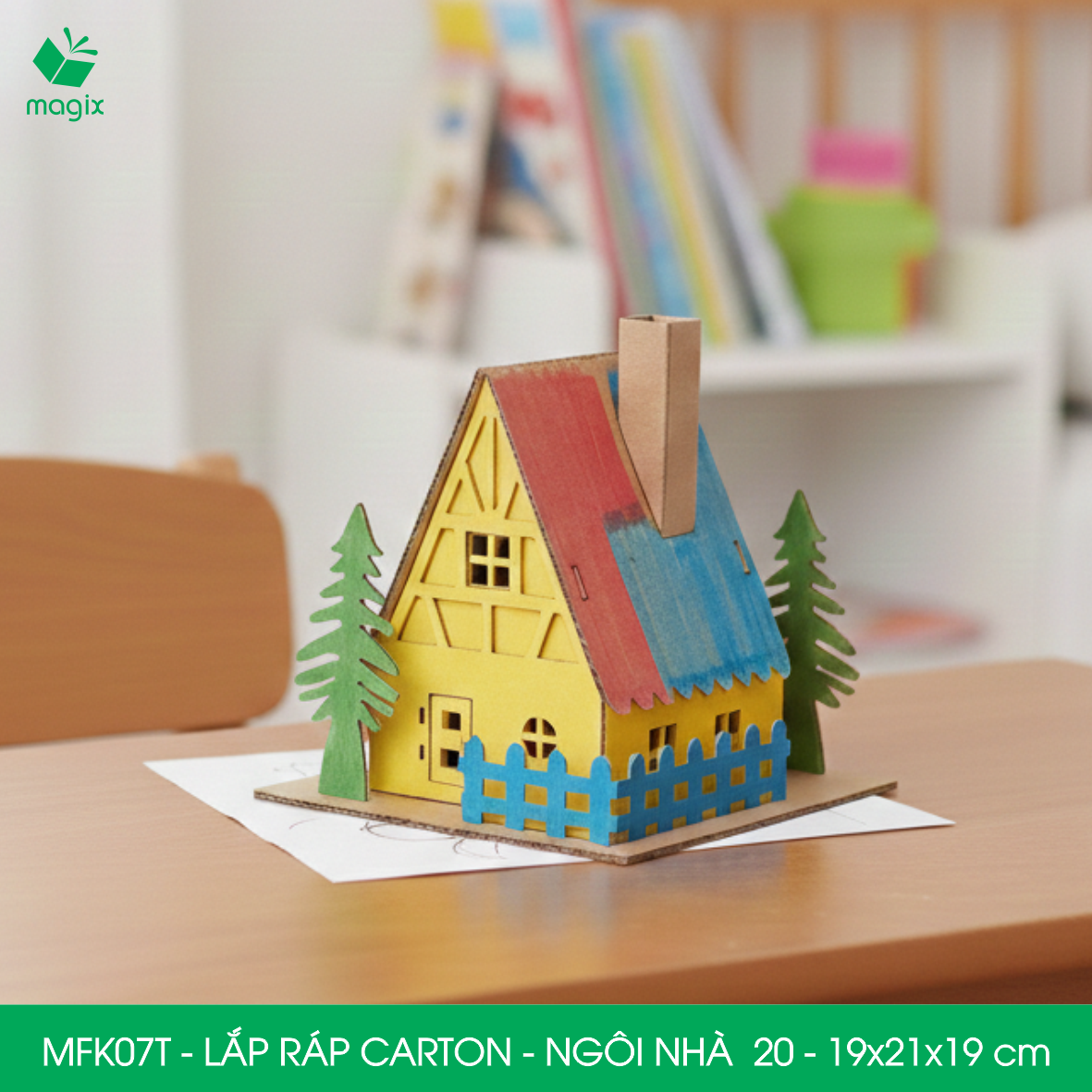MFK07T - 19x21x19 cm - Mô hình ngôi nhà lắp ráp từ bìa carton cao cấp, nhà giấy carton mini sáng tạo
