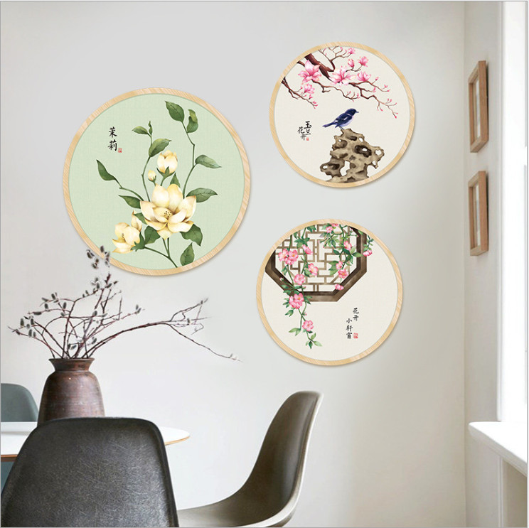 Decal dán tường 3D Tranh thủy mặc khung tròn Chim và hoa trang trí nhà cửa đẹp, sang trọng, mới lạ