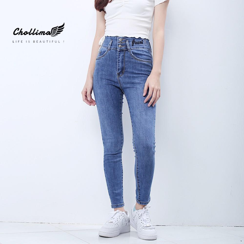 Quần jeans nữ co giãn Chollima cạp siêu cao thêu chữ JEAN X màu xanh nhạt QD035