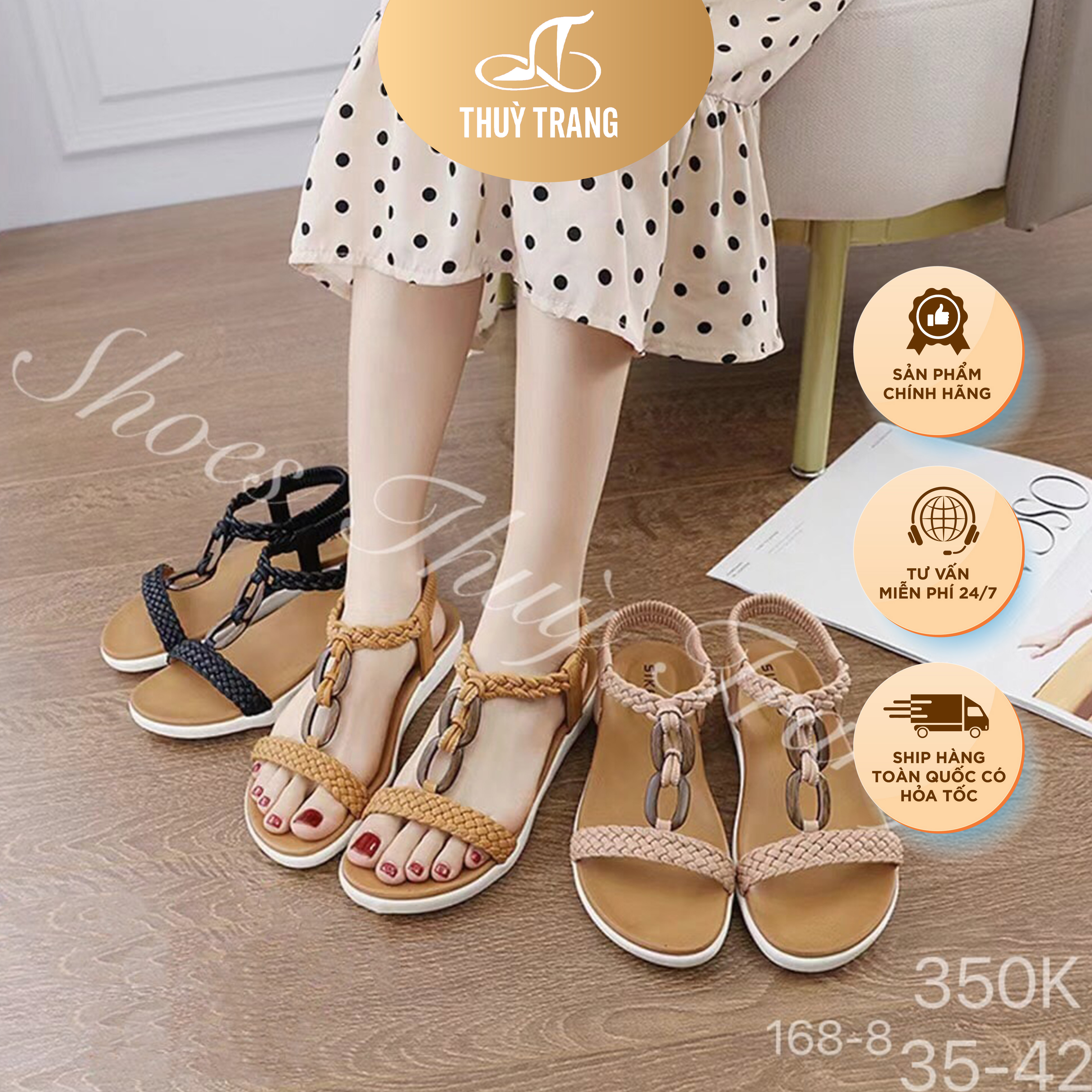 Sandal Nữ Quai đan phối móc xích kim loại cá tính, siêu bền, siêu êm, Đế Bệt - 3 màu - size 35-42