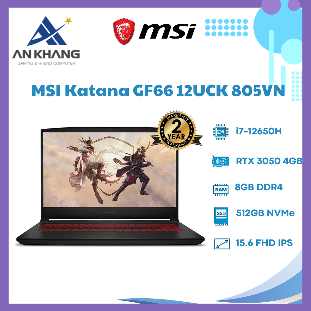 Laptop MSI Katana GF66 12UCK-805VN (Core i7-12650H | 16GB (8GB + 8GB TẶNG) | 512GB | RTX3050 4GB | 15.6 inch FHD 144Hz | Win 11 | Đen) - Hàng Chính Hãng - Bảo Hành 24 Tháng