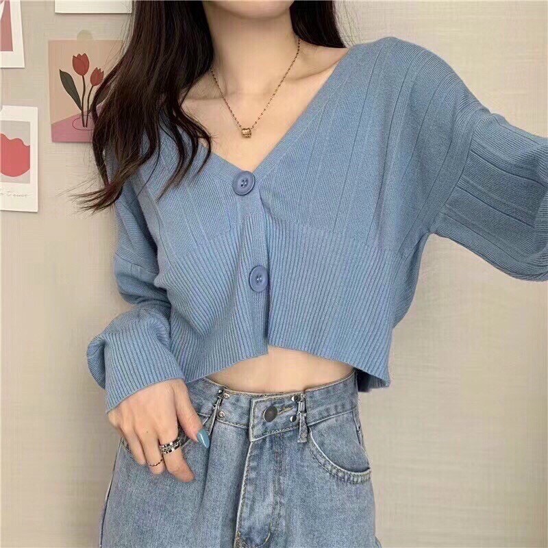 Áo cardigan 2 cúc dáng croptop len mềm xinh xắn