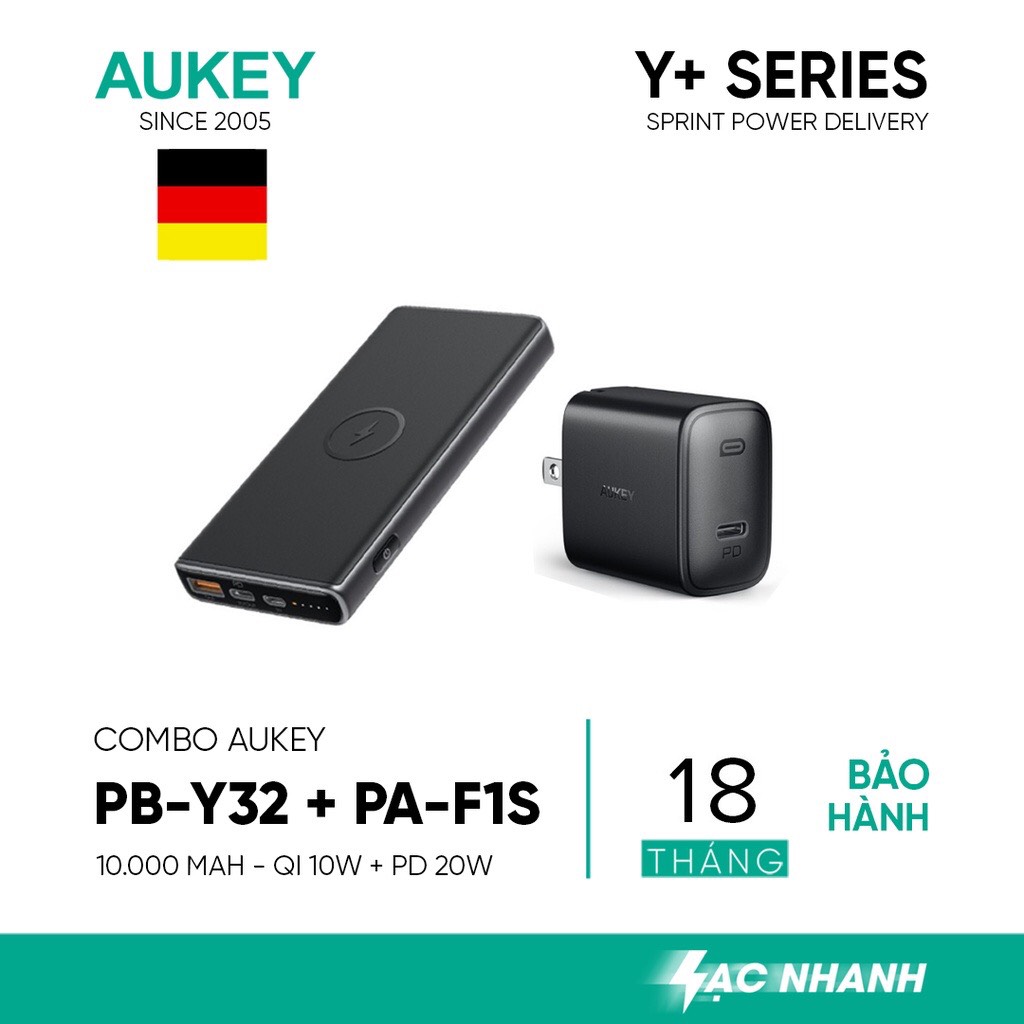 Combo Pin Sạc Dự Phòng AUKEY PB-Y32 PD 10.000 mAh, Sạc Không Dây Chuẩn Qi 10W + Cốc Sạc Nhanh Power Dilivery PA-F1S 20W - Hàng Chính Hãng