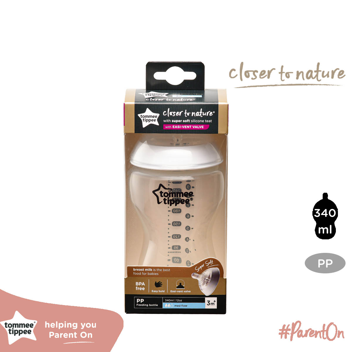 Bình sữa ty siêu mềm tự nhiên Tommee Tippee Closer to Nature 340ml, núm ty đi kèm 3-6 tháng