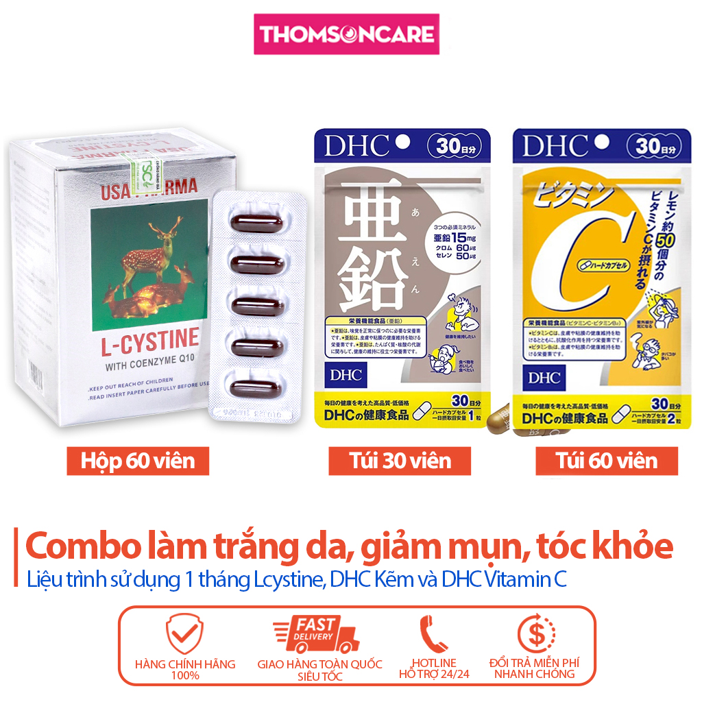 Combo làm trắng da, tóc khỏe L Cystine 60v, Kẽm DHC 30v, DHC Vitamin C 60v cho người bị mụn vitamin c dhc l cystine - Thomsoncare