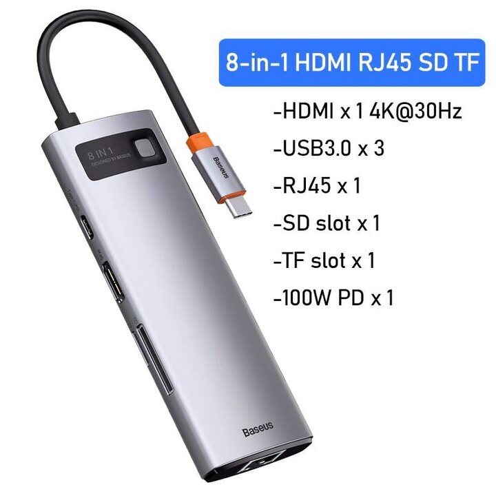 Hub chuyển đổi đa năng 8 trong 1 Baseus CAHUB-CV0G ( Type-C to HDMI/ USB3.0/ LAN / SD Card Reader/ Type C PD 100W, Multifunctional HUB) - HÀNG CHÍNH HÃNG