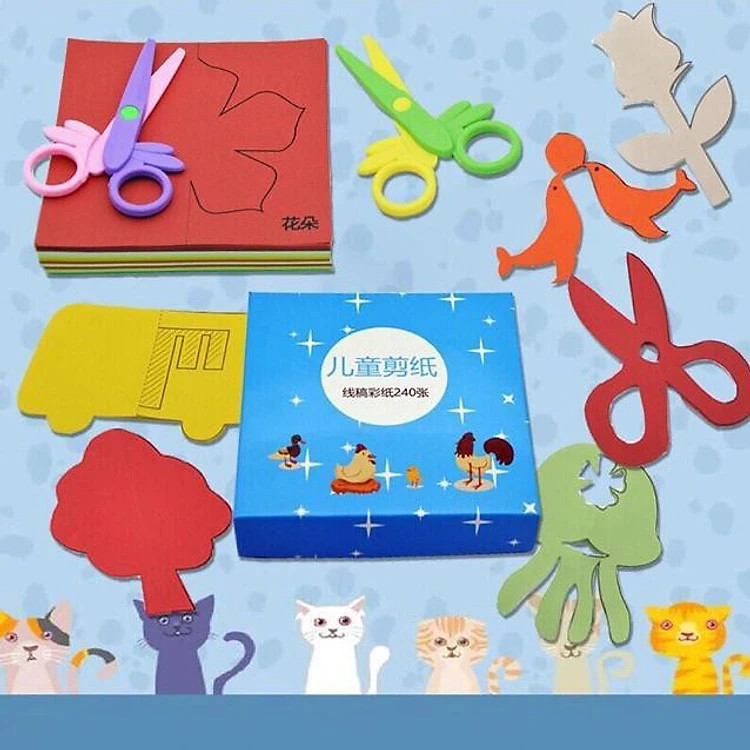 Bộ Đồ Chơi Cắt Giấy Thủ Công Cho Bé: 240 Giấy Màu Và 2 Kéo Nhựa Cắt An Toàn Tiện Dụng - Tặng kèm 1 bấm móng tay hoạt hình cho bé GROFA
