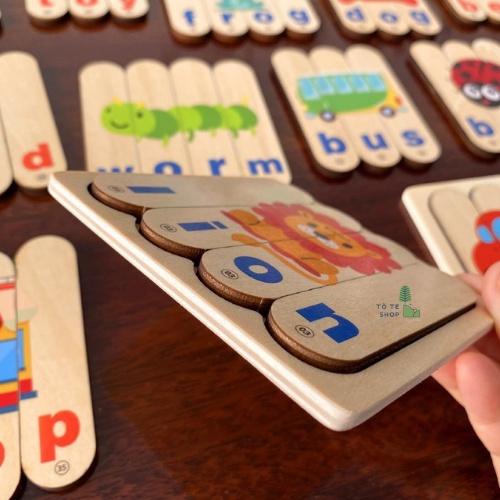 Xếp hình gỗ 3D Word Puzzle - Que Ghép gỗ có hình ảnh và chữ tiếng Anh kèm sách hướng dẫn, đồ chơi ghép hình gỗ 2 mặt Mon