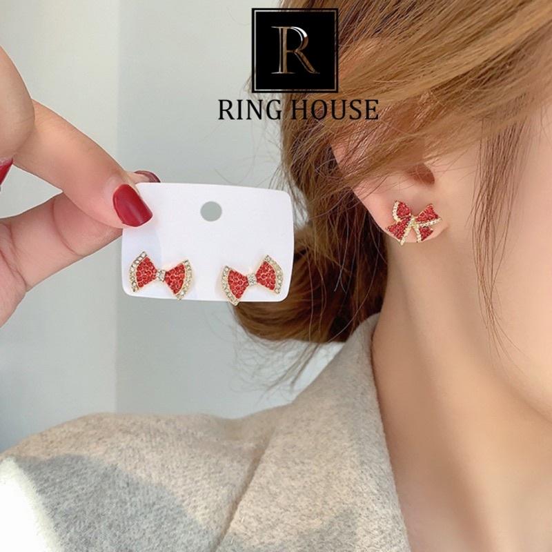 Bông Tai Khuyên Tai Nữ Nơ Đỏ Đính Ngọc Xinh