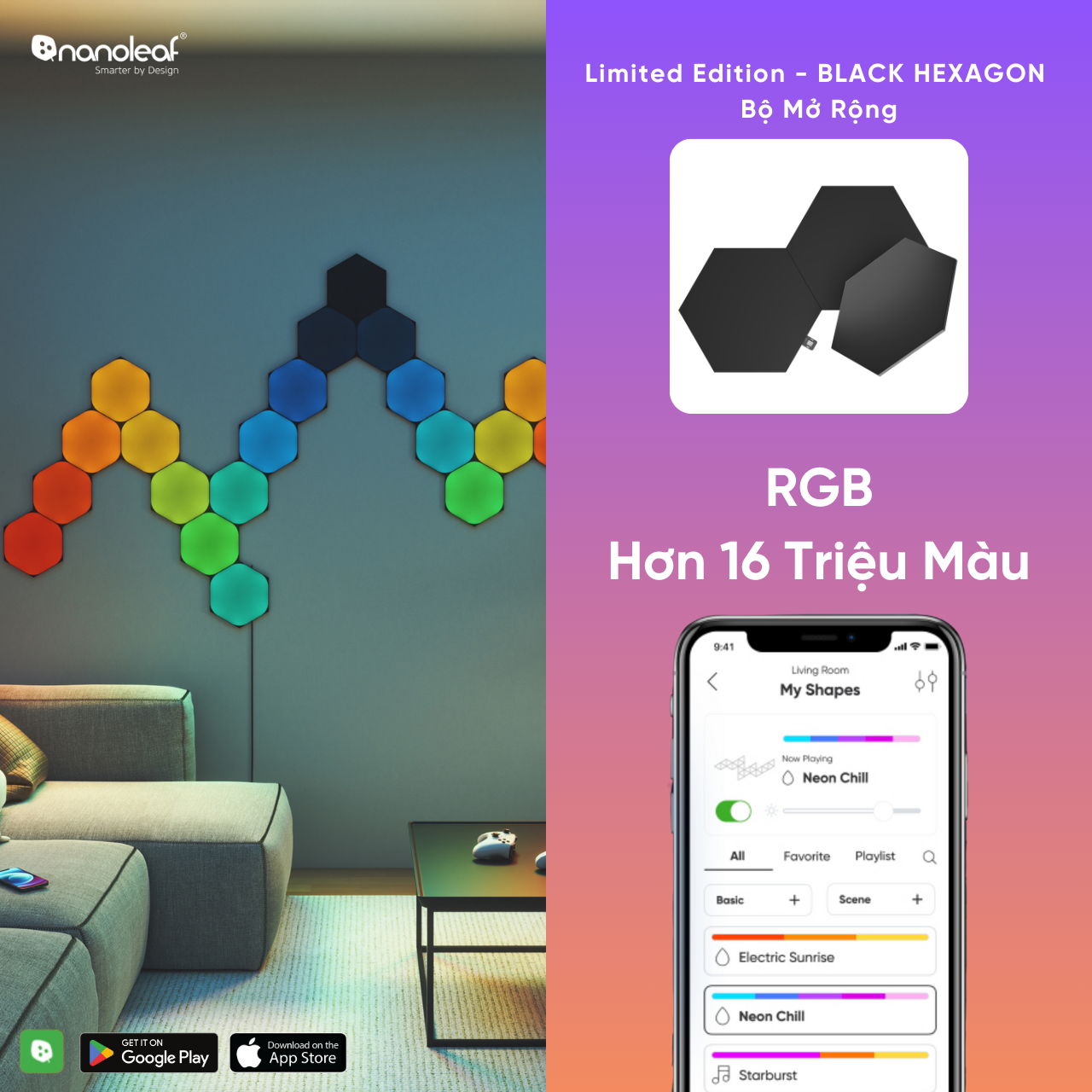 Đèn LED RGB lắp ghép thông minh Nanoleaf Shapes Ultra Black Lục Giác 3 ô đèn