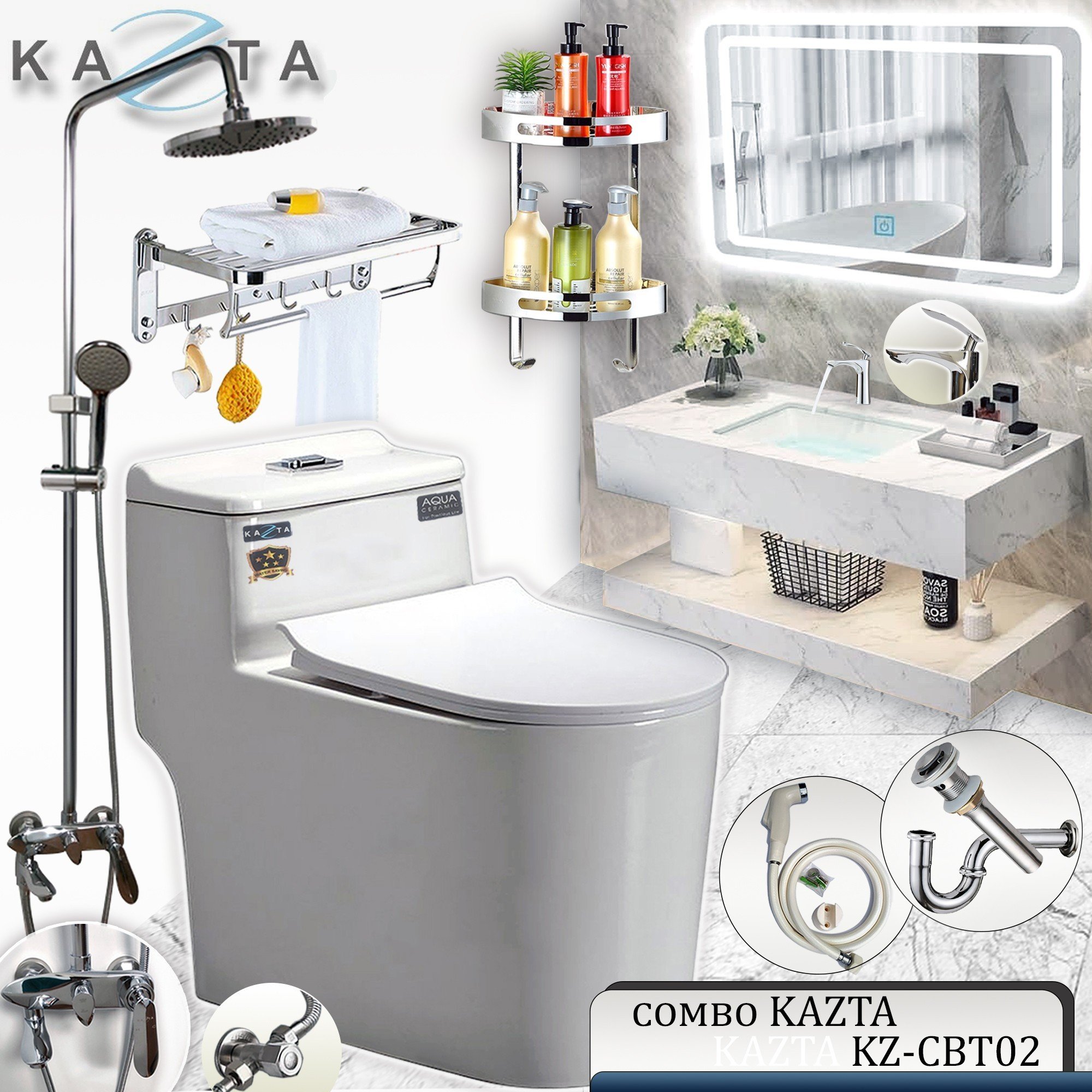 Combo Thiết Bị Nhà Tắm Cao Cấp KAZTA KZ-CBT02: Bồn Cầu Xả Xoáy Nắp Êm-Lavabo Đặt Bàn Đá-Sen Tắm Đứng Nóng Lạnh-Kèm Bộ Phụ Kiện Nhà Tắm