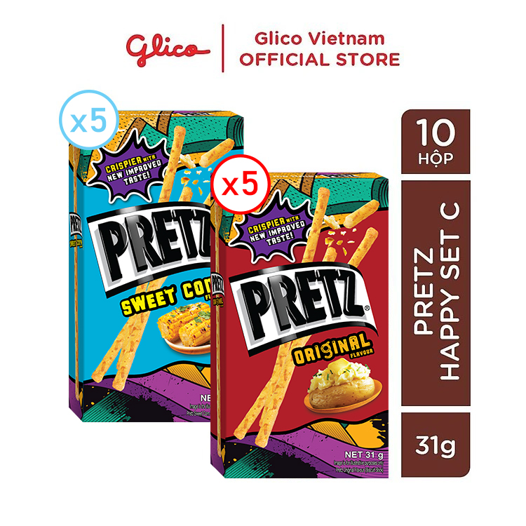 Bánh que nướng giòn mix 2 vị khoai tây và bắp GLICO Pretz (Combo Happy Set E - 5 khoai tây 5 bắp)