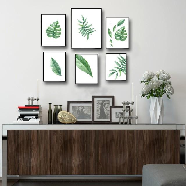 Tranh canvas kèm khung tranh treo tường lá cây màu nước