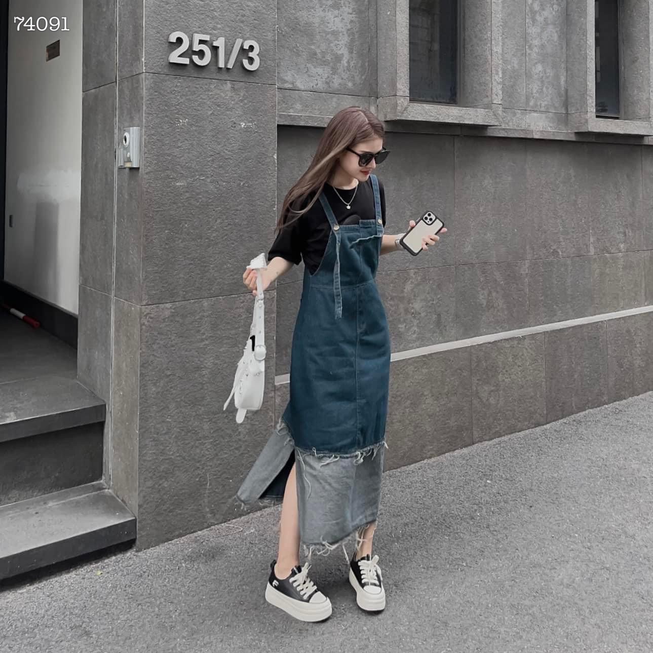 ĐẦM YẾM MIDI DÀI 2 DÂY SUÔNG TRƠN XẺ TÀ JEANS / DENIM DẠO PHỐ ĐI BIỂN ĐI TIỆC ĐI CHƠI ĐI HỌC