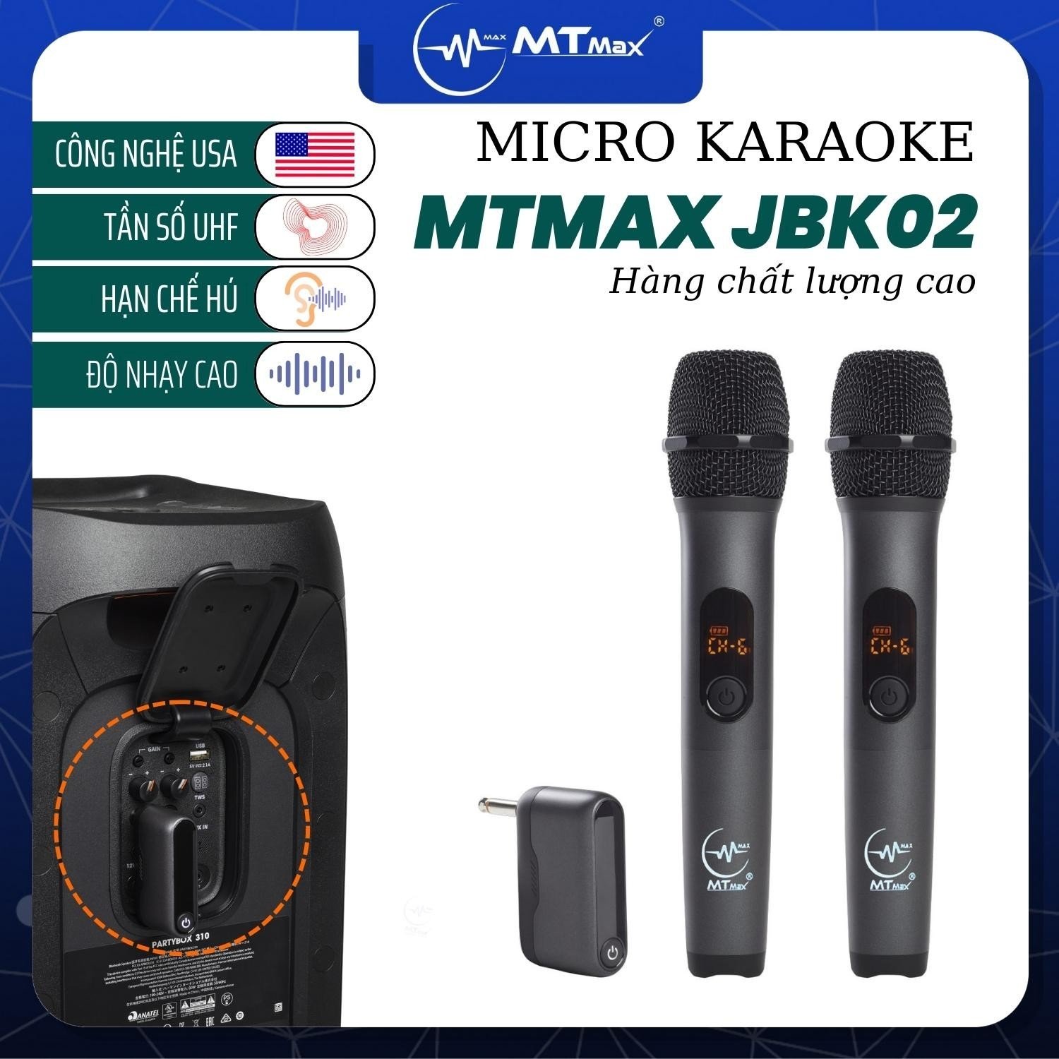 Micro Không Dây MTMAX JBK02 WIRELESS Chính Hãng, Chất Âm Ngọt Ngào Bay Bổng, Độ Nhạy Cao, Bắt Âm Cực Chuẩn, Chống Hú Rít, Hỗ Trợ Giọng Hát Tối Đa, Dễ Dàng Phối Ghép Với Nhiều Thiết Bị hàng chính hãng