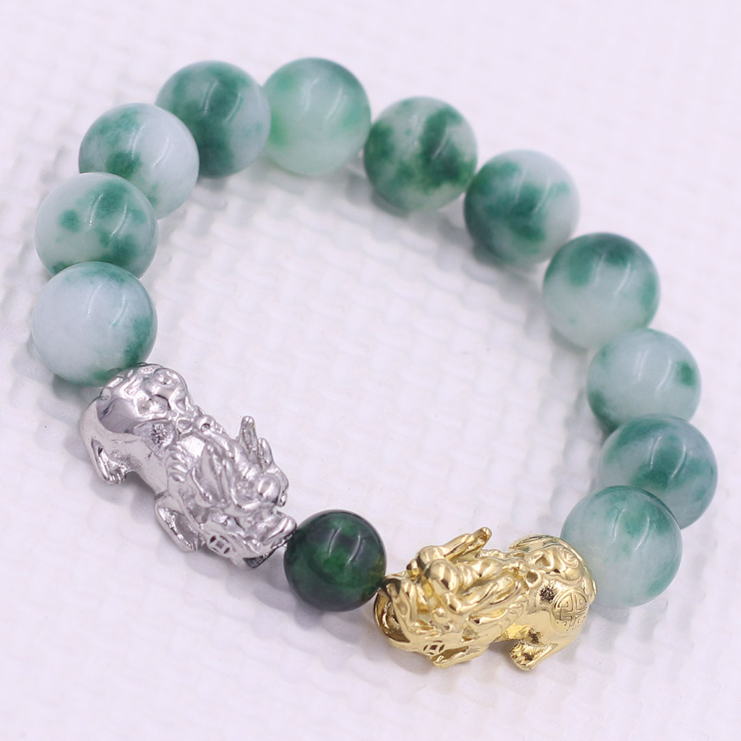 Vòng chuỗi đeo tay đá cẩm thạch xanh trắng 12 ly charm tỳ hưu đôi inox trắng và vàng, vòng chuỗi phong thủy, charm tỳ hưu, vòng tay hạt chuỗi