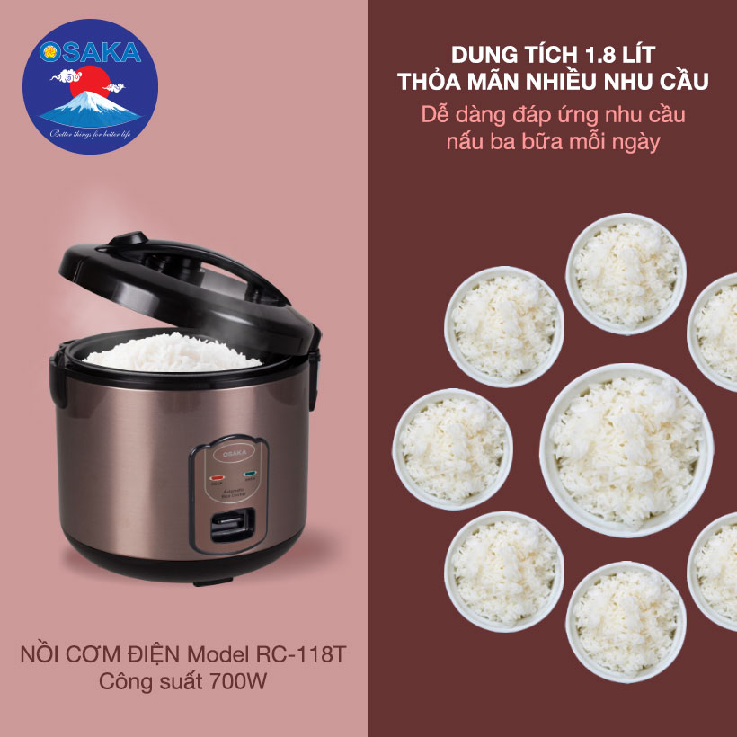 Nồi cơm điện Osaka RC-118T dung tích 1.8 lít - Hàng chính hãng