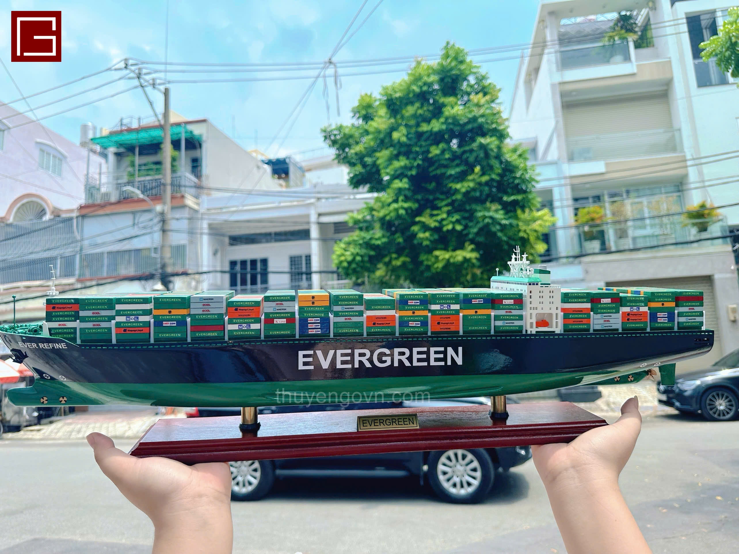Mô Hình Thuyền Gỗ Phong Thủy Gia Nhiên, Thuyền Container Gỗ EVERGREEN, Tàu container hàng chính hãng