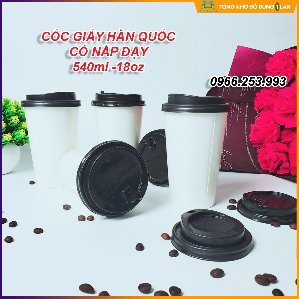 Combo 50 chiếc cốc giấy 500ml CÓ NẮP hàng cao cấp xuất Hàn Quốc