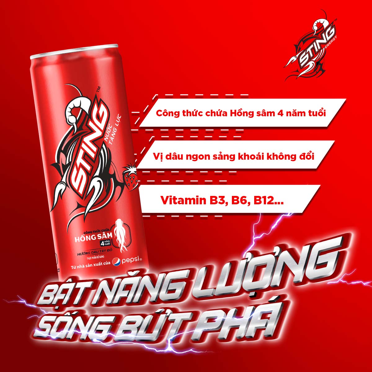 Hình ảnh Thùng 24 Lon Nước Tăng Lực Sting Dâu (320ml/Lon)