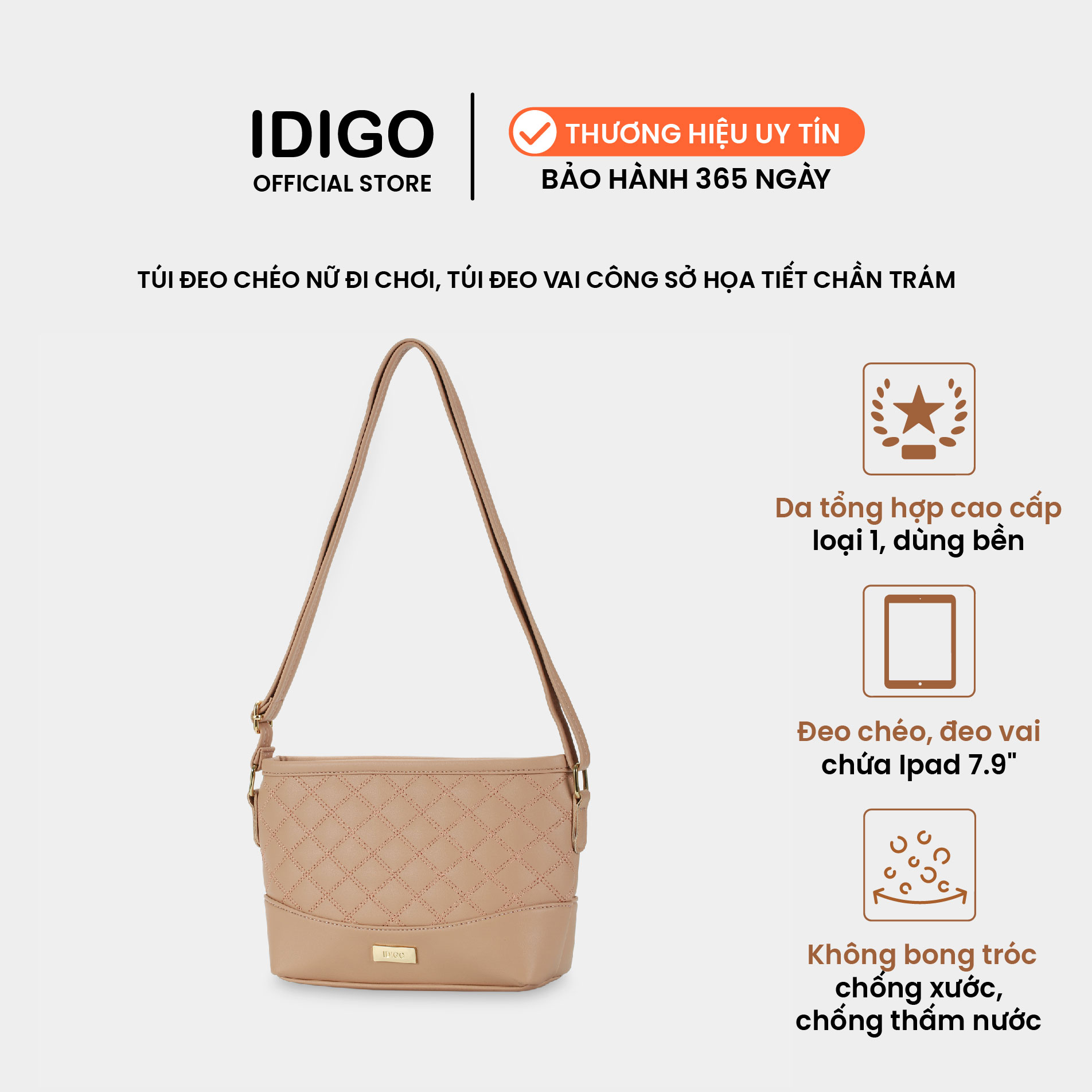 Túi đeo chéo đi chơi hoạ tiết chần trám, túi đeo vai công sở nữ IDIGO FB2-3396