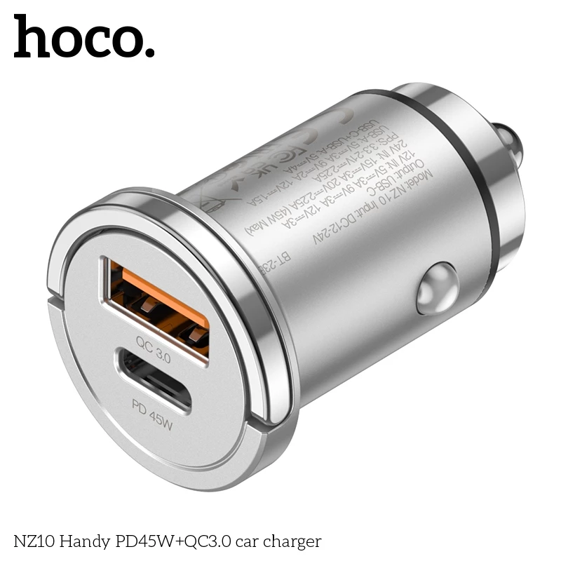 Tẩu sạc 45W 2 cổng (Type C + USB) sạc nhanh cho điện thoại Samsung/ iP/ Xiaomi Hoco NZ10 _ Hàng chính hãng