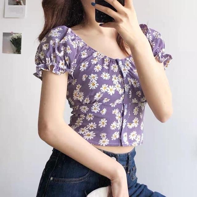 Áo Croptop Caro Cổ Vuông Tay Bồng - Hàng cao cấp kèm ảnh chụp thật