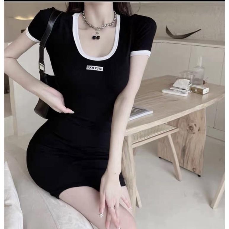 Đầm body cổ vuông có viền tay ngắn có 2 màu đen và trắng chất thun mịn