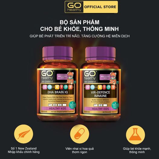 Bộ Sản Phẩm Cho Bé Khỏe, Thông Minh: GO KIDS VIR DEFENCE Immune, GO KIDS DHA Brain IQ - Hàng Chính Hãng