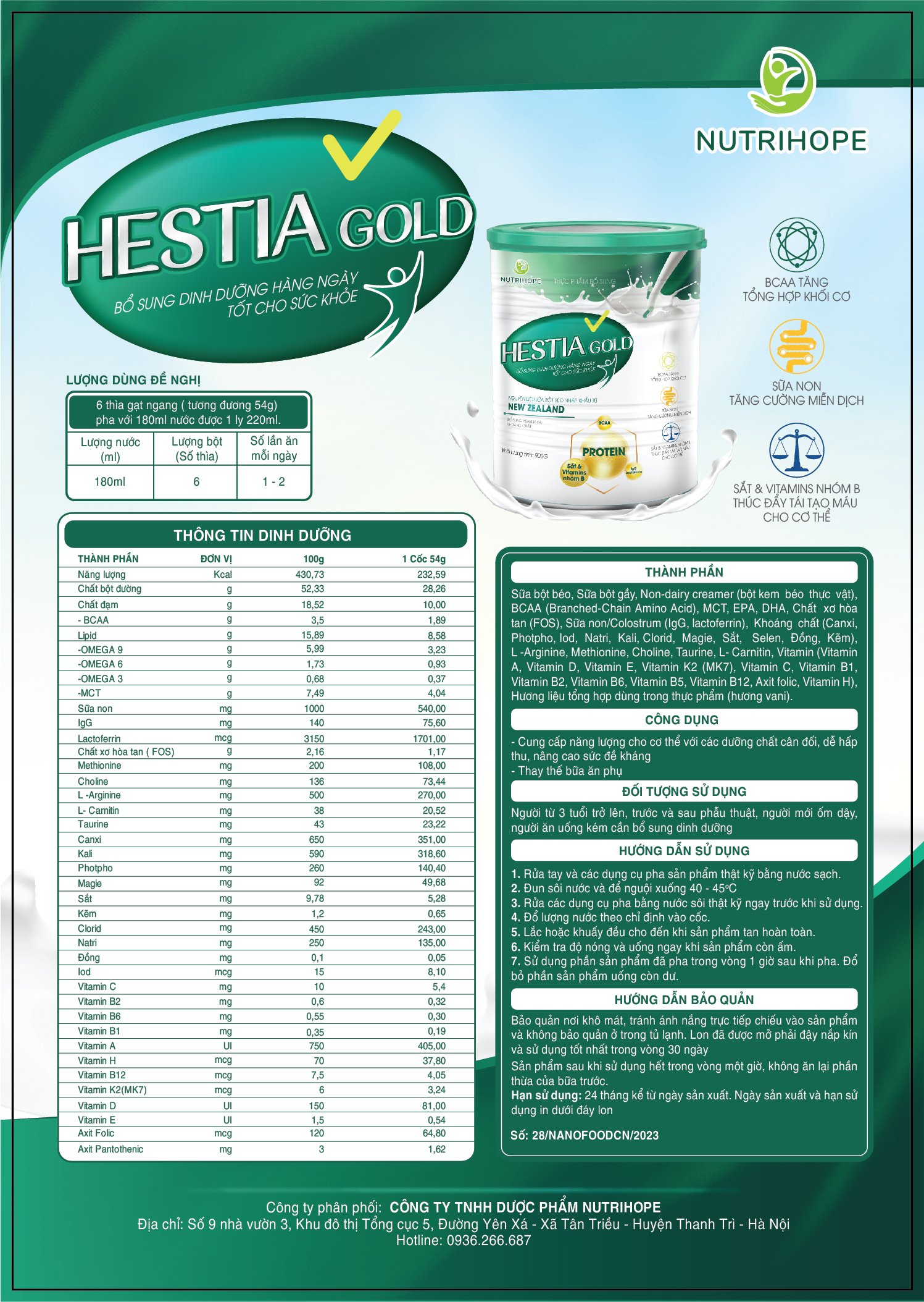 Hestia Gold 900g, sữa bột dành cho người ăn uống kém, bệnh nhân phẫu thuật cần bổ sung dinh dưỡng