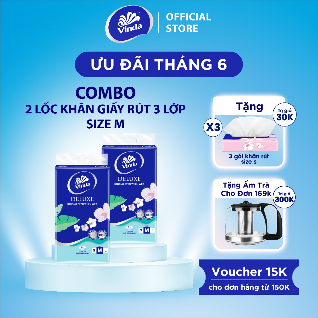 [MUA 2 LỐC KHĂN RÚT SIZE M TẶNG 3 GÓI SIZE S] Khăn giấy rút cao cấp Vinda Deluxe 3 lớp 90 tờ size M (5 Gói)