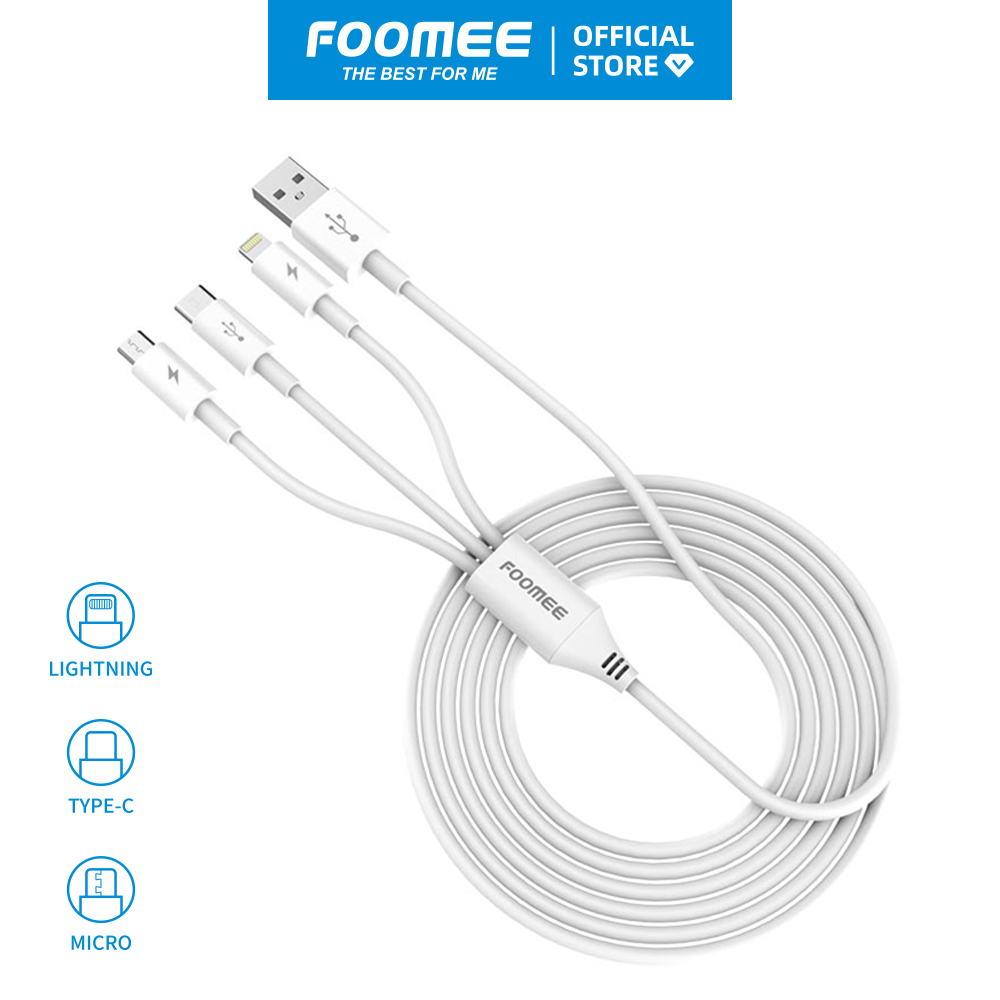 Dây cáp sạc 3 trong 1 (Lightning/Type-C/Micro) FOOMEE TF12 - Màu trắng - Hàng chính hãng