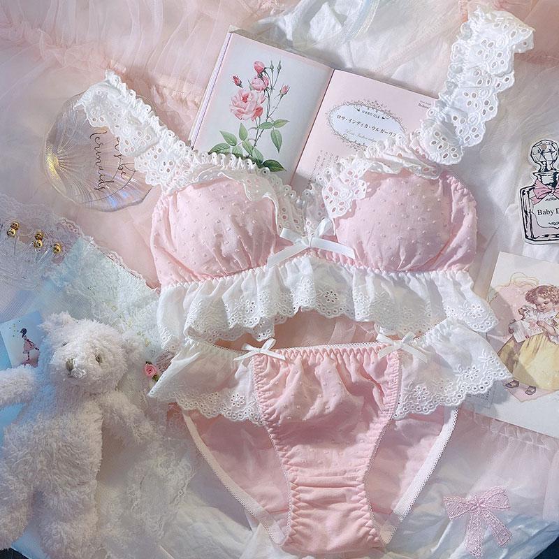 Lolita Kawaii Dễ Thương Ren Hoa Dây Hồng Áo Ngực Và Quần Bộ Quần Lót Nữ Pháp Retro Bông Thân Mật Cực Áo Ngực Mỏng quần Lót