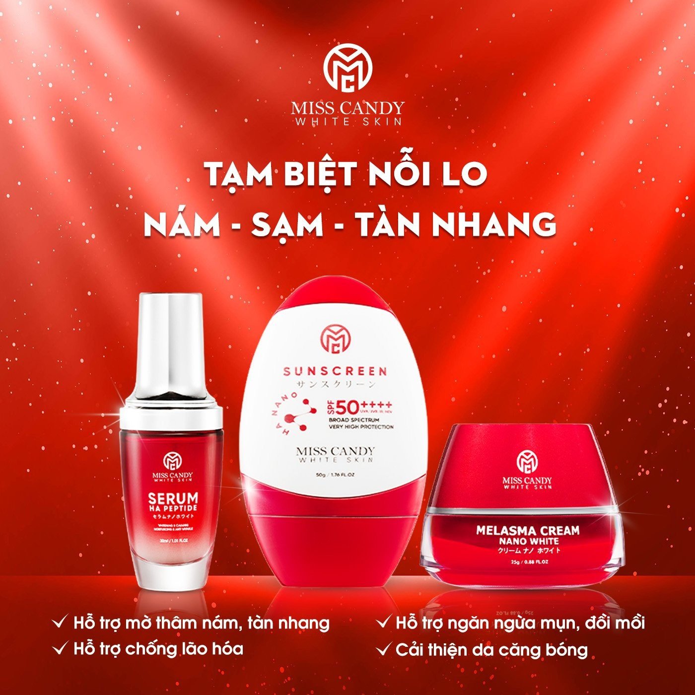 Bộ 3 Sản Phẩm Trắng Da Mờ Thâm, Sạm, Nám, Tàn Nhang MISS CANDY Gồm Serum HA Peptide 30ml + Kem Nám Sâm Nhung Hoàng Kim 25g + Kem Chống Nắng Dưỡng Trắng Da 50g - PHỤNG BEAUTY