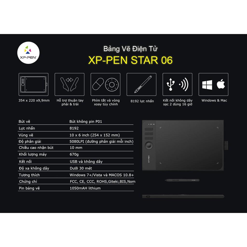 Bảng Vẽ Điện Tử XP-Pen Star 06 Wireless 10x6 inch, Phím Xoay Dial, Lực Nhấn 8192 Bút Stylus Không Sạc