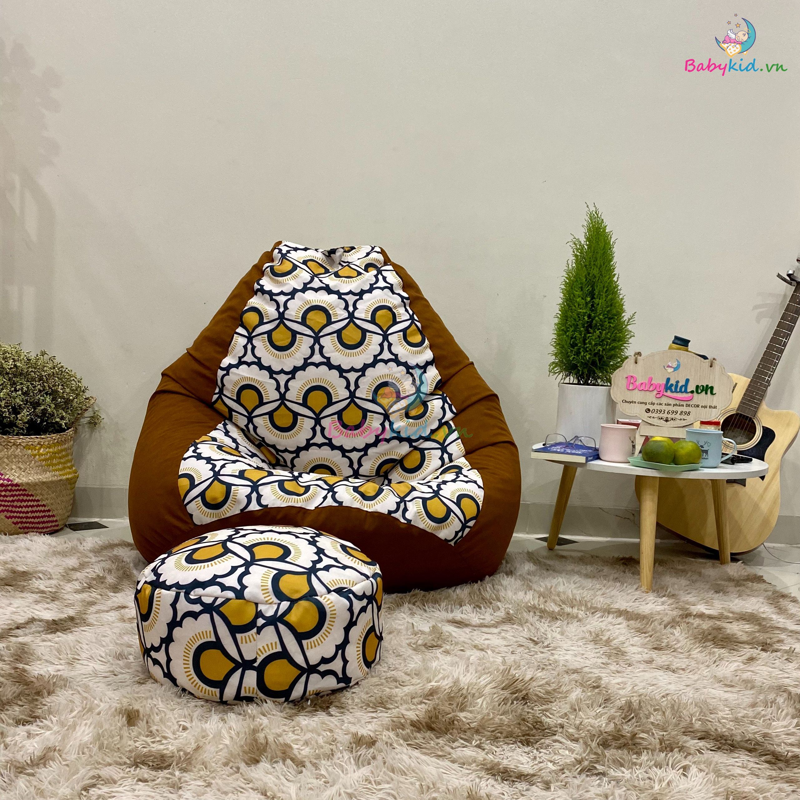 Ghế xốp dáng lê size L 90x120cm THÔ HÀN mát hoạ tiết hình quạt mix cam DA LỘN - CÓ SẴN XỐP