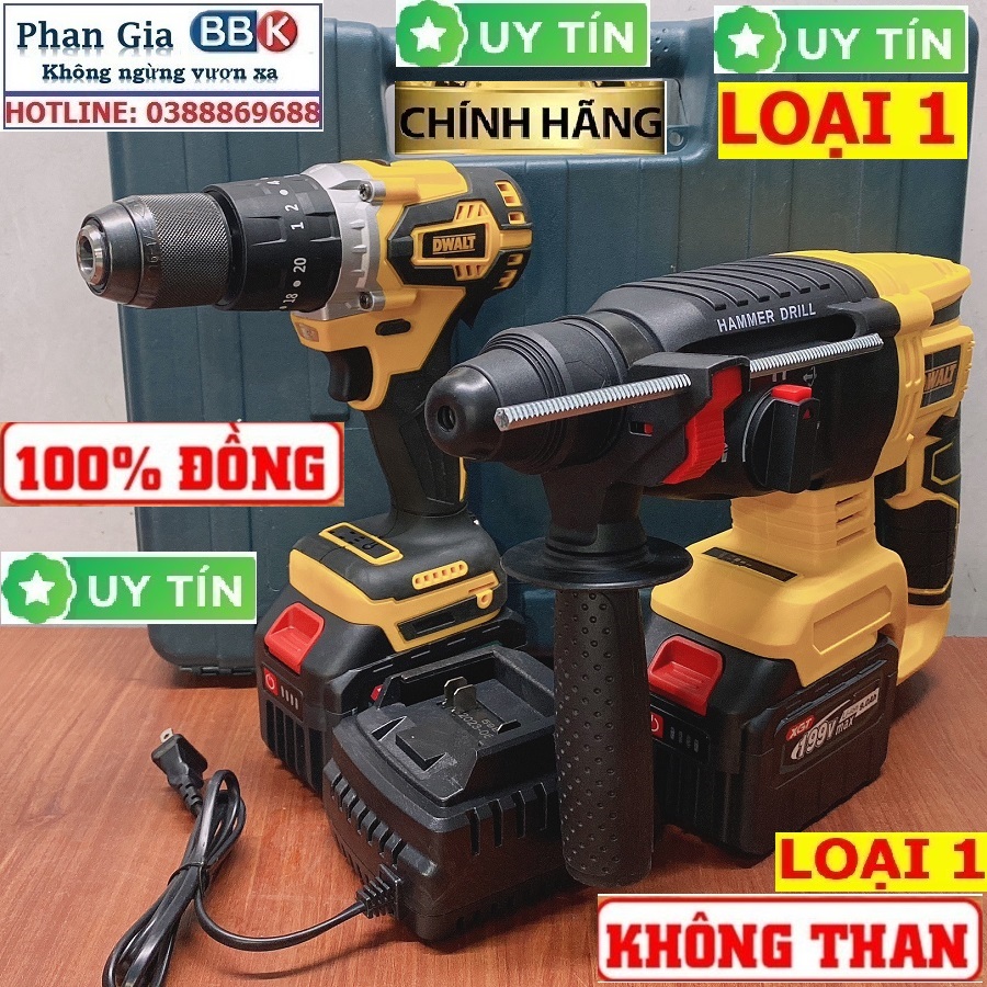 Bộ Combo Máy Khoan Pin Và Máy Khoan Bê Tông Dùng Pin 199V 2 Pin 15 Cell Động Cơ Không Chổi Than - Tặng Kèm Hộp Đựng - Bảo Hành 1 Năm