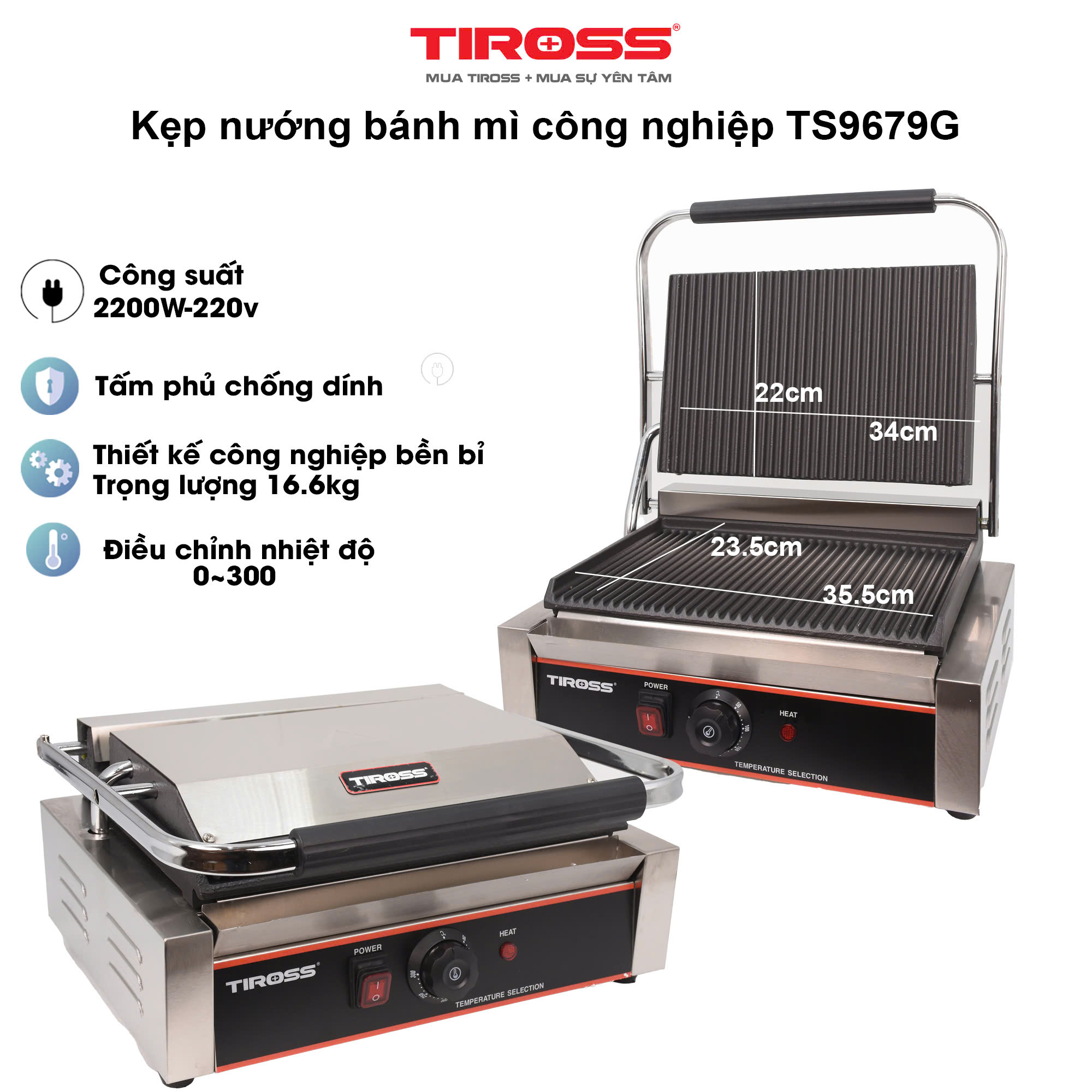 Kẹp nướng điện (sandwich) TIROSS 2200W- TS9679G - Hàng chính hãng
