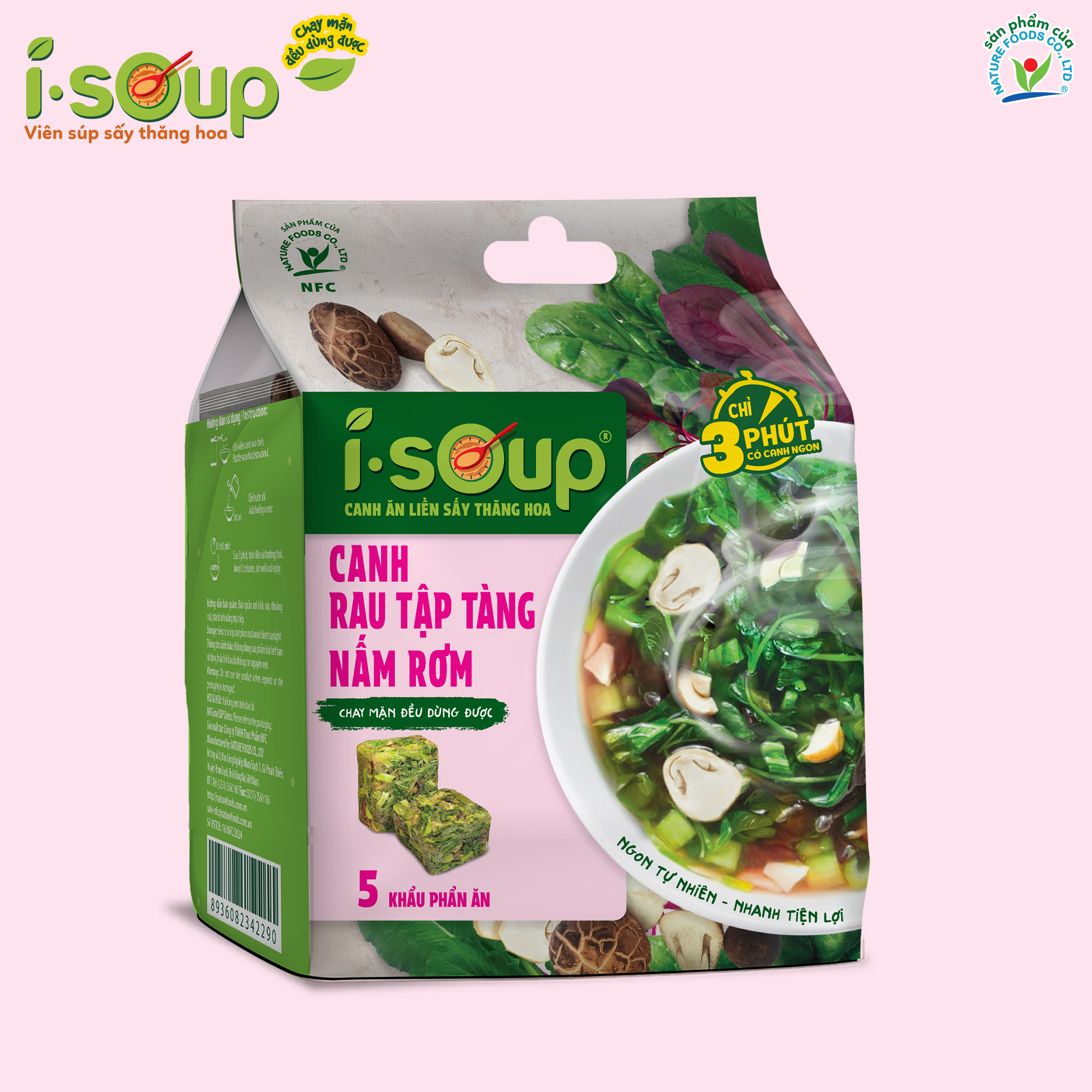Canh Rau Tập Tàng Nấm Rơm Ăn Liền ISOUP 35g 05 Viên - Viên Canh Ăn Liền Sấy Thăng Hoa