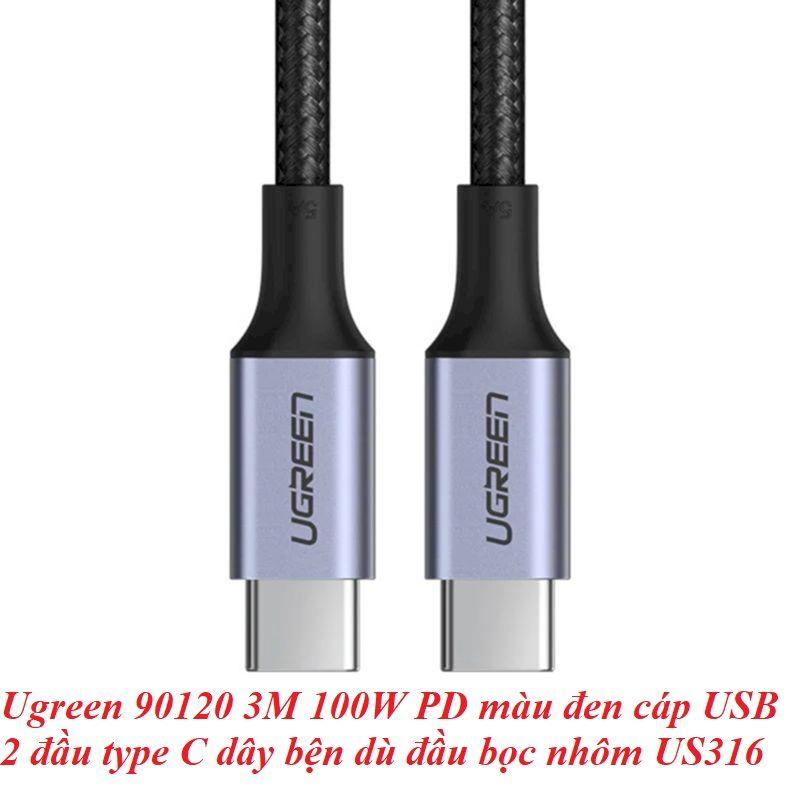 Ugreen UG90120us316TK 3M 100W PD màu đen cáp USB 2 đầu type C dây bện dù đầu bọc nhôm - HÀNG CHÍNH HÃNG