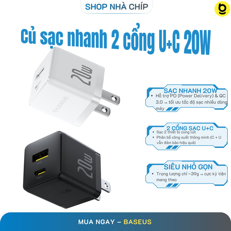 Cốc sạc nhanh Baseus Dual Quick Charger 20W - Hàng chính hãng