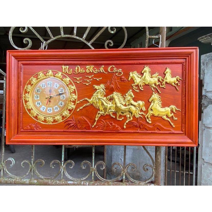 Tranh đồng hồ gỗ hương thếp vàng Mã Đáo Thành Công 108x48cm