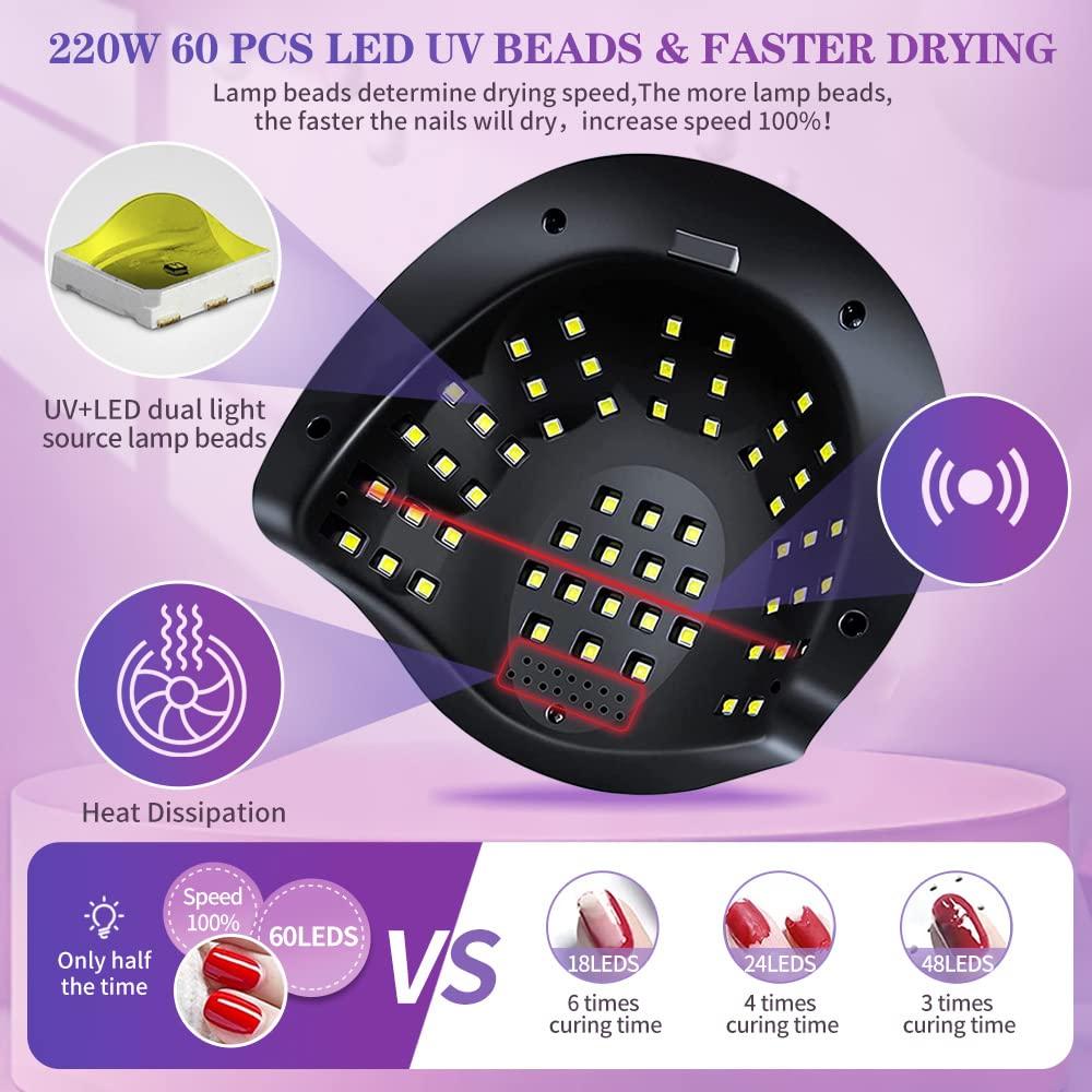 Đèn UV cho móng gel, đèn máy sấy móng 248W với 60 đèn móng UV LED cho móng tay, đèn làm móng gel chuyên nghiệp với 4 bộ đếm thời gian, cảm biến xe hơi, đèn cứng cho móng tay/móng chân