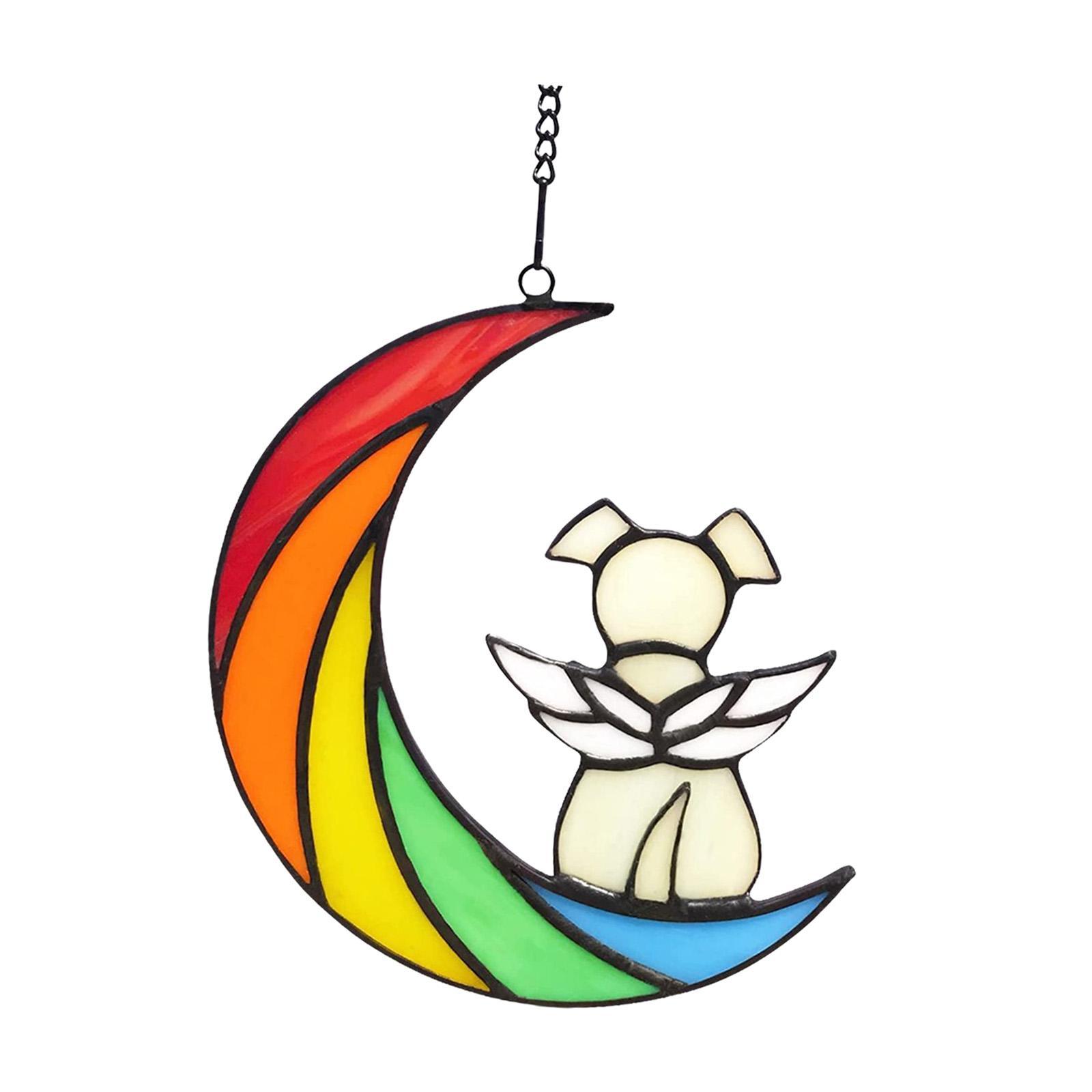 Stained Glass Window Hangings Dog on The Moon Ornament for Bedroom Decor