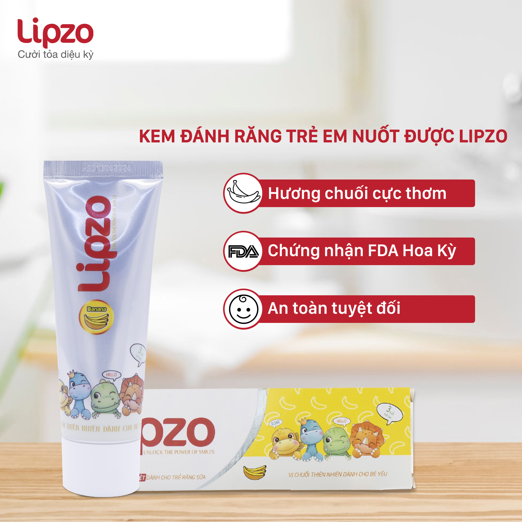 Kem Đánh Răng Trẻ Em LIPZO Vị Chuối Bảo Vệ Răng Sữa 75g Hữu Cơ Ngọt Thơm An Toàn Nuốt Được Dành Cho Trẻ Em Từ 3-10 Tuổi