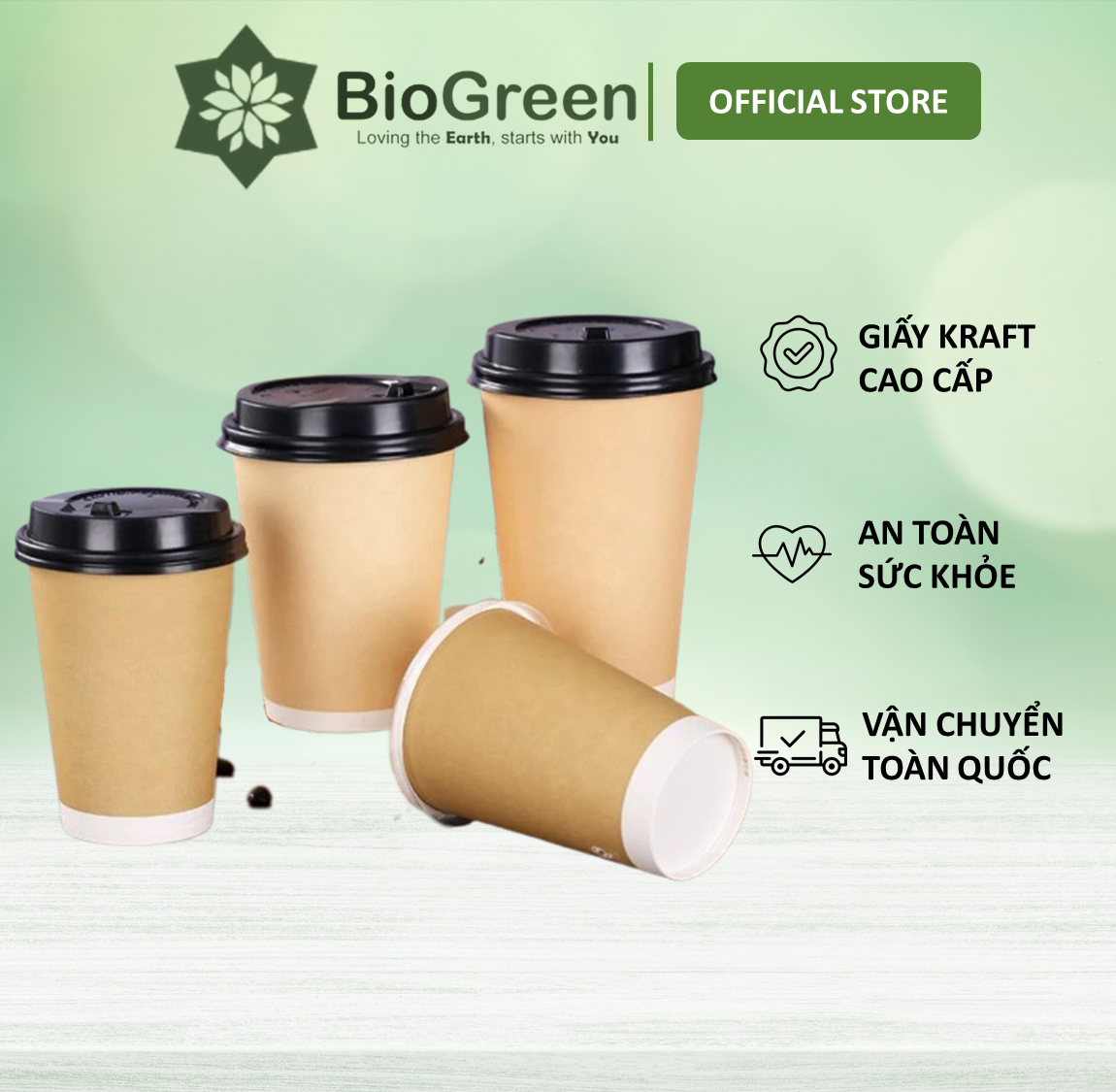 50-20 ly giấy kraft có nắp,2 lớp 1PE 195ml - 6.5oz, 260ml - 9oz, 360ml - 12oz, 500ml - 16oz chịu nhiệt dùng 1 lần